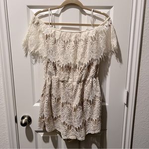 Love,Fire Cream and Nude Lace off the shoulder Romper - Size Large